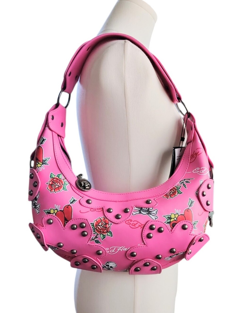 Ed Hardy Barbiecore Pink Whimsy Goth Rose and Skull Charm Stud Shoulder Purse